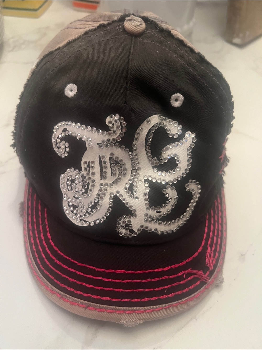 True Religion Black Cap with Pink Stitching and Rhinestone Logo